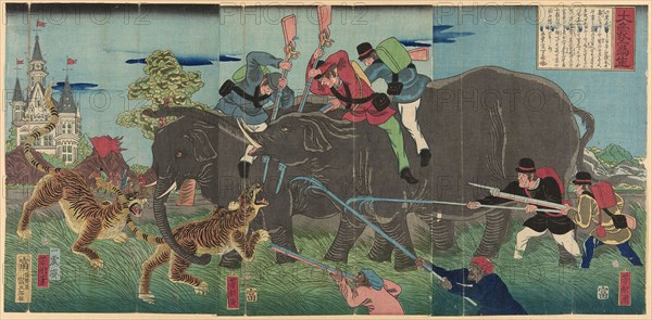 True Image of a Giant Elephant (Taizo shasei), 1863, Utagawa Yoshikata, Japanese, active c. 1841–64, Japan, Color woodblock print, oban triptych