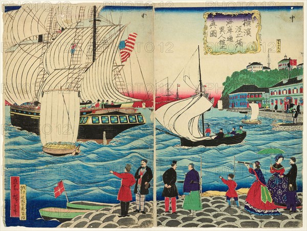 True View of the Foreign Buildings along the Waterfront Seen from the Yokohama Wharves (Yokohama hatoba yori kaigandori ijinkan no shinzu), c. 1875, Utagawa Hiroshige III, Japanese, 1842-1894, Japan, Color woodblock print, two sheets of oban triptych