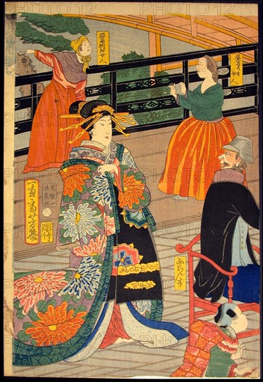 Picture of a Banquet of People of Five Nations at the Gankiro Teahouse (Gokakoku gankiro ni oite sakamori no zu), 1860, Ochiai Yoshiiku, Japanese, 1833–1904, Japan, Color woodblock prints, oban triptych