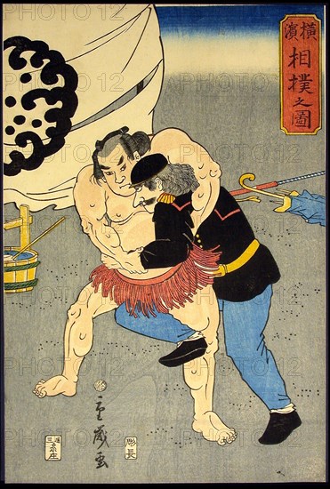Picture of a Sumo Wrestling Match in Yokohama (Yokohama sumo no zu), 1861, Shigetoshi, Japanese, active late 19th century, Japan, Color woodblock print, oban, 36.3 x 24.4 cm