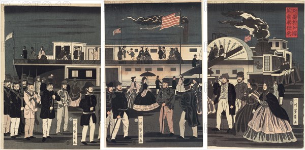Arrival and Departure of an American Steamship (Amerikakoku jokisha orai), 1861, Utagawa Yoshikazu, Japanese, active c. 1850-70, Japan, Color woodblock print, oban triptych