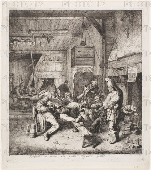 Violin Player Seated in the Inn, 1685, Cornelis Dusart, Dutch, 1660-1704, Holland, Etching in black on ivory laid paper, 280 x 251 mm (plate), 303 x 270 mm (sheet)