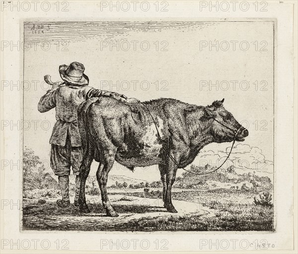 The Cowherd and the Bull, 1659, Adriaen van de Velde, Dutch, 1636-1672, Holland, Etching in black on ivory wove paper, 113 x 134 mm (plate), 129 x 151 mm (sheet)