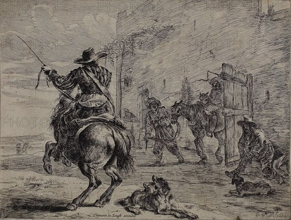 Rearing Horse, Near a Stable, plate one from Series of Horses, 1651, Dirck Stoop, Dutch, 1610-1686, Netherlands, Etching on ivory laid paper, 146 x 192 mm (image/sheet, cut within plate)