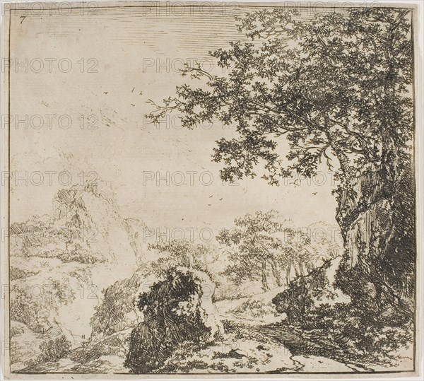 Mountainous Landscape with a Road, from the series Set of Landscapes, n.d., Herman Naijwincx, Dutch, 1624-1651, Netherlands, Etching on ivory paper, 115 x 127 mm (image), 119 x 130 mm (sheet)