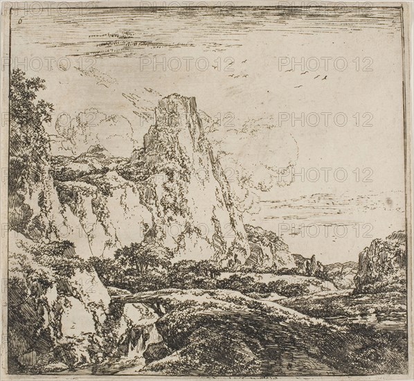 The Little Bridge near the Rock, from the series Set of Landscapes, n.d., Herman Naijwincx, Dutch, 1624-1651, Netherlands, Etching on ivory paper, 119 x 130 mm