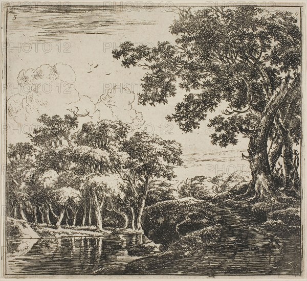 Three Large Trees on a Hill, plate five from Set of Landscapes, 1640/51, Herman Naijwincx, Dutch, 1624-1651, Netherlands, Etching on ivory laid paper, 116 x 127 mm (image), 119 x 131 mm (sheet)