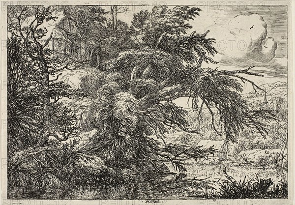 Cottage at the Top of a Hill, c. 1660, Jacob van Ruisdael, Dutch, 1628/29-1682, Holland, Etching in black on ivory laid paper, 186 x 268 mm (image/plate), 196 x 277 mm (sheet)