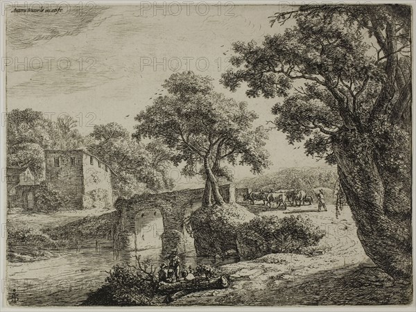 Herd Near a Stone Bridge, n.d., Anthoni Waterlo, Dutch, 1609-1690, Holland, Etching on paper, 154 x 206 mm