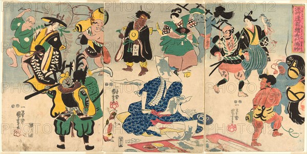 The Extraordinary Phenomenon of the Popular Otsu Picture (Tokini otsue kidai no maremono), 1848, Utagawa Kuniyoshi, Japanese, 1779-1861, Japan, Color woodblock print, oban triptych