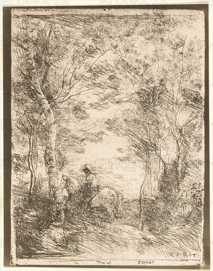 The Rider in the Woods, small plate, 1854, Jean-Baptiste-Camille Corot, French, 1796-1875, France, Cliché-verre on ivory photographic paper, 189 × 148 mm (image), 206 × 160 mm (sheet)