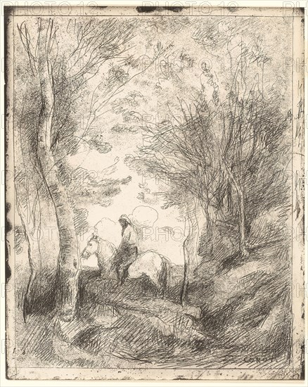 The Rider in the Woods, large plate, c. 1854, Jean-Baptiste-Camille Corot, French, 1796-1875, France, Cliché-verre on ivory photographic paper, 285 × 226 mm (image), 302 × 242 mm (sheet)