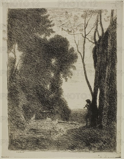 The Young Shepherd, second plate, c. 1855, Jean-Baptiste-Camille Corot, French, 1796-1875, France, Cliché-verre on ivory photographic paper, 333 × 253 mm (image), 365 × 282 mm (sheet)
