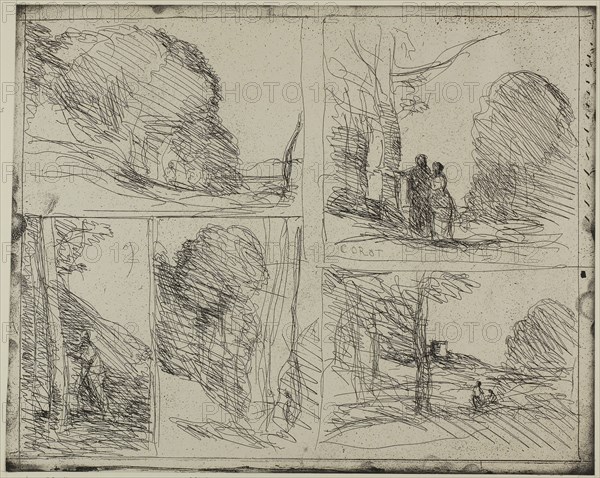 The Garden of Pericles, 1856, Jean-Baptiste-Camille Corot, French, 1796-1875, France, Cliché-verre on ivory photographic paper, 152 × 156 mm (image), 287 × 360 mm (sheet)