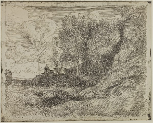 Souvenir of Ostia, 1855, Jean-Baptiste-Camille Corot, French, 1796-1875, France, Cliché-verre on ivory photographic paper, 272 × 344 mm (image), 293 × 363 mm (sheet)