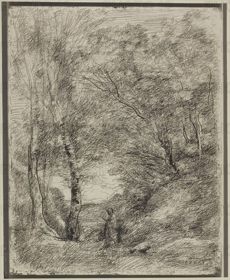 The Gardens of Horace, 1855, Jean-Baptiste-Camille Corot, French, 1796-1875, France, Cliché-verre on ivory photographic paper, 367 × 295 mm (image), 377 × 310 mm (sheet)