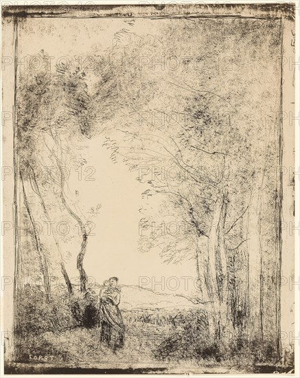 Young Mother at the Edge of the Woods, 1856, Jean-Baptiste-Camille Corot, French, 1796-1875, France, Cliché-verre on ivory photographic paper, 335 × 258 mm (image), 359 × 283 mm (sheet)