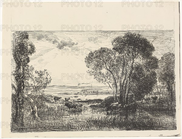 The Hydraulic Machine, 1862, Charles François Daubigny, French, 1817-1878, France, Cliché-verre on ivory photographic paper, 212 × 345 mm