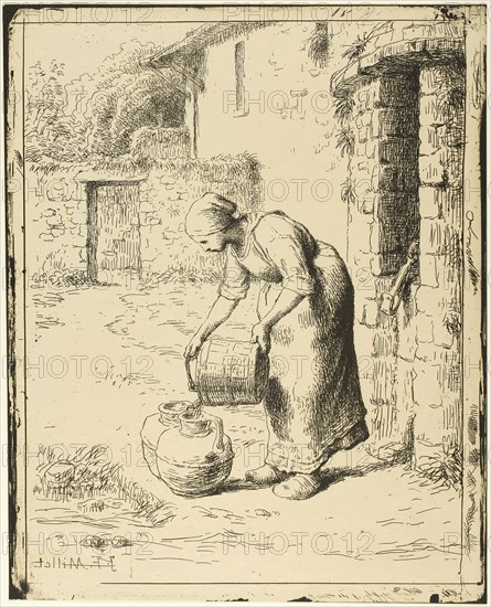 Woman Emptying a Pail, 1862–63, published 1921, Jean François Millet (French, 1814-1875), published by Sagot-Le Garrec and Company, France, Cliché-verre on photo-sensitized tan wove paper, 302 × 244 mm (image), 302 × 244 mm (sheet)