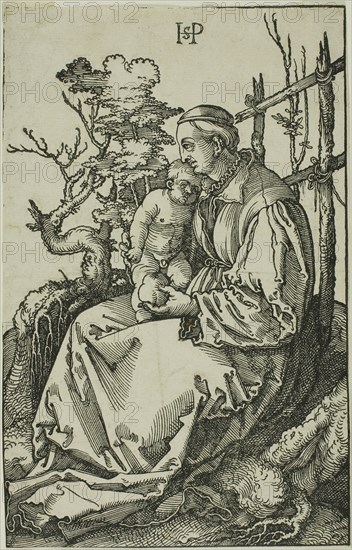 The Virgin with the Pear and Child on the Bank, 1521, Sebald Beham, German, 1500-1550, Germany, Woodcut in black on cream laid paper, 169 x 108 mm (image/sheet, trimmed partly within block)