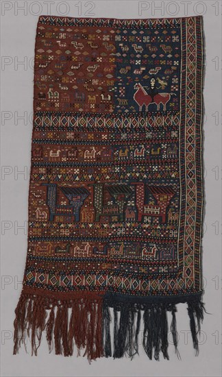 Saddle Cover, 19th century, Caucasus, Karabagh District, Caucasus, Wool, plain weave with supplementary weft wrapping (sumakh), plaited and knotted warp fringe, 141 × 75.2 cm (55 1/2 × 29 5/8 in.)
