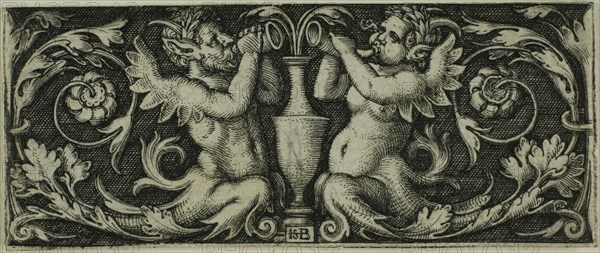 Ornament with Two Tritons, from Four Vignettes, c. 1544, Sebald Beham, German, 1500-1550, Germany, Engraving in black on ivory laid paper, 22 x 54 mm (image/sheet, trimmed to plate mark)