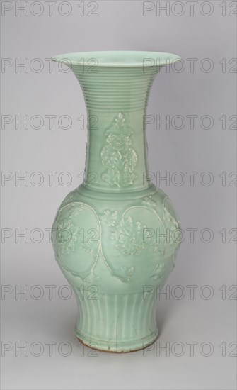 Large Baluster-Shaped Vase, Yuan dynasty (1279–1368), 14th century, China, Longquan ware, stoneware with translucent, pale bluish-green glaze and molded relief floral spray, H. 65.7 cm (25 7/6 in.), diam. 30.0 cm (11 11/16 in.)