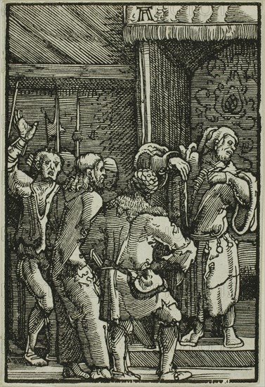 Christ Before Caiaphas, from The Fall and Redemption of Man, 1513, Albrecht Altdorfer, German, c.1480-1538, Germany, Woodcut in black on ivory laid paper, 72 x 49 mm (image/block)