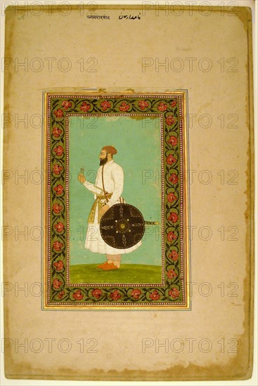 Album Page with a Portrait of Namdar Khan (Side A) and Calligraphic Specimens (Side B), Mughal period, late 17th century (painting and borders),16th/17th century (calligraphy), India, India, Opaque watercolor and gold on paper, Image: 17.8 x 9.8 cm (7 x 3 7/8 in.), Border: 23.8 x 15.9 cm (9 3/8 x 6 1/4 in.), Paper: 41.3 x 27.1 cm (16 1/4 x 10 5/8 in.)