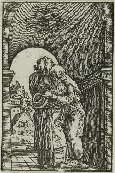 The Meeting of Joachim and Anne, from The Fall and Redemption of Man, 1513, Albrecht Altdorfer, German, c.1480-1538, Germany, Woodcut in black on ivory laid paper, 73 x 48 mm (image/block/sheet)