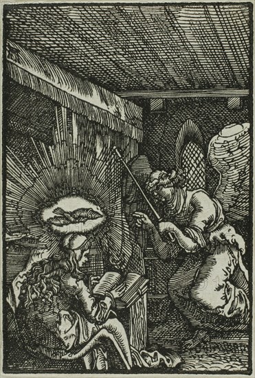 The Annunciation, from The Fall and Redemption of Man, 1513, Albrecht Altdorfer, German, c.1480-1538, Germany, Woodcut in black on ivory laid paper, 172 x 149 mm (image/plate)