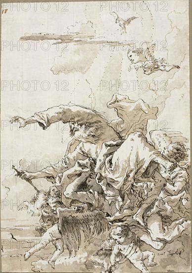 God the Father Supported by Angels in Clouds, II, c. 1759, Giovanni Domenico Tiepolo, Italian, 1727-1804, Italy, Pen and brown ink, with brush and brown-gray wash, over traces of black chalk, on paper, 280 x 197 mm