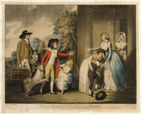 Dulce Domum, or the Return from School, published December 1, 1790, John Jones (English, 1745-1797), after William Redmore Bigg (English, 1755-1828), England, Hand-colored mezzotint on ivory laid paper, 453 × 605 mm (image), 481 × 606 mm (plate), 509 × 636 mm (sheet)
