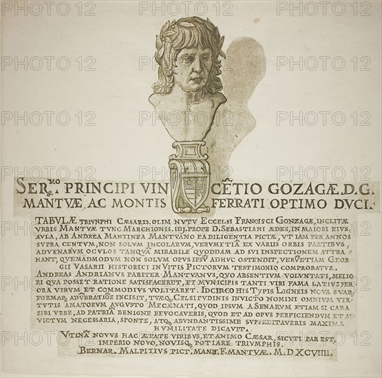 Triumph of Caesar, 1599, Andrea Andreani (Italian, 1558/59-1629), after Andrea Mantegna (Italian, 1431-1506), Italy, Chiaroscuro woodcut from four blocks in black and light medium and dark greenish gray on off-white laid paper, laid down on ivory laid paper, 345 x 370 mm (image/text), 376 x 393 mm (sheet)