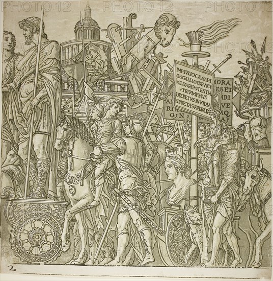 Triumph of Caesar, 1599, Andrea Andreani (Italian, 1558/59–1629), after Andrea Mantegna (Italian, 1431–1506), Italy, Chiaroscuro woodcut from four blocks in black and light, medium and dark greenish gray on off-white laid paper, 383 x 377 mm (image/sheet), composite approx. 385 x 3420 mm