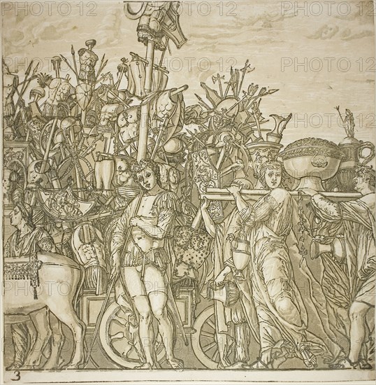 Triumph of Caesar, 1599, Andrea Andreani (Italian, 1558/59–1629), after Andrea Mantegna (Italian, 1431–1506), Italy, Chiaroscuro woodcut from four blocks in black and light, medium and dark greenish gray on off-white laid paper, 380 x 374 mm (image/sheet), composite approx. 385 x 3420 mm