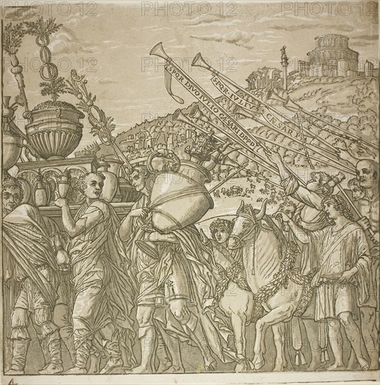 Triumph of Caesar, 1599, Andrea Andreani (Italian, 1558/59–1629), after Andrea Mantegna (Italian, 1431–1506), Italy, Chiaroscuro woodcut from four blocks in black and light, medium and dark warm gray on off-white laid paper, 380 x 378 mm (image/sheet), composite approx. 385 x 3420 mm