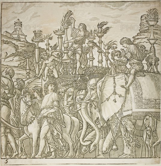 Triumph of Caesar, 1599, Andrea Andreani (Italian, 1558/59–1629), after Andrea Mantegna (Italian, 1431–1506), Italy, Chiaroscuro woodcut from four blocks in black and light, medium and dark greenish gray on off-white laid paper, 380 x 378 mm (sheet), composite approx. 385 x 3420 mm