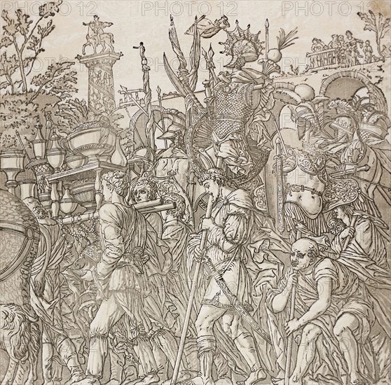 Triumph of Caesar, 1599, Andrea Andreani (Italian, 1558/59-1629), after Andrea Mantegna (Italian, 1431-1506), Italy, Chiaroscuro woodcut from four blocks in black and light, medium and dark greenish gray on off-white laid paper, 381 x 374 mm