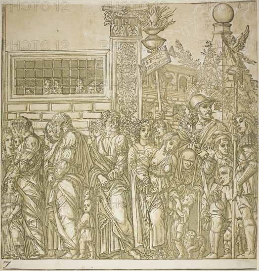 Triumph of Caesar, 1599, Andrea Andreani (Italian, 1558/59-1629), after Andrea Mantegna (Italian, 1431-1506), Italy, Chiaroscuro woodcut from four blocks in black and light, medium and dark greenish gray on off-white laid paper, 385 x 370 mm