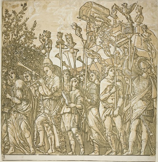 Triumph of Caesar, 1599, Andrea Andreani (Italian, 1558/59–1629), after Andrea Mantegna (Italian, 1431–1506), Italy, Chiaroscuro woodcut from four blocks in black, light and medium brownish gray and dark gray on off-white laid paper, 383 x 372 mm (image/sheet), composite approx. 385 x 3420 mm