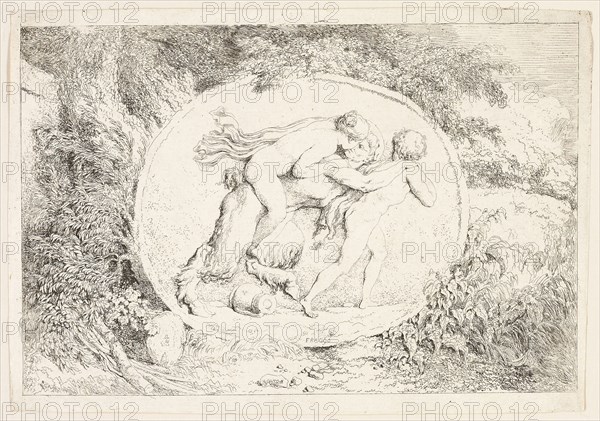 Nymph Riding on a Satyr’s Back, from Bacchanales, or Satyrs’ Games, 1763, Jean Honoré Fragonard, French, 1732-1806, France, Etching on ivory laid paper, 135 × 203 mm (image), 145 × 210 mm (plate), 147 × 210 mm (sheet)