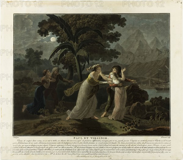 The Departure, 1795, Charles-Melchior Descourtis, French, 1753-1820, France, Etching and engraving printed in yellow, blue, red, and black inks on paper, 375 × 412 mm (image), 416 × 474 mm (sheet, cut within platemark)