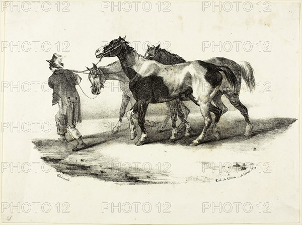 Horses Being Led to the Skinner, 1823, Jean Louis André Théodore Géricault (French, 1791-1824), printed by François le Villain, published by Gihaut, France, Lithograph in black on ivory wove paper, 110 × 196 mm (image), 162 × 218 mm (sheet)
