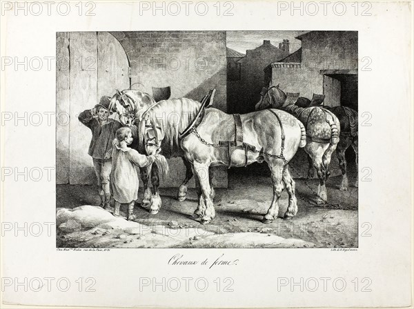 Farm Horses, 1823, Jean Louis André Théodore Géricault (French, 1791-1824), printed by Gottfried Engelmann (French, 1788-1839), France, Lithograph in black on ivory wove paper, 192 × 267 mm (image), 270 × 359 mm (sheet)