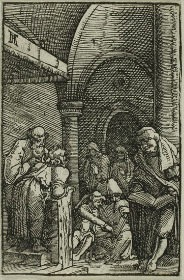Christ among the Doctors, from The Fall and Redemption of Man, 1513, Albrecht Altdorfer, German, c.1480-1538, Germany, Woodcut in black on ivory laid paper, 72 x 48 mm (image/block)