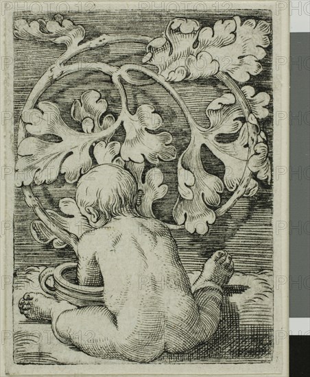 Naked Child, Seen From Back Seated in Front of a Vessel, n.d., Barthel Beham, German, 1502-1540, Germany, Engraving in black on ivory laid paper, 50 x 37 mm (image/plate), 53 x 39 mm (sheet)