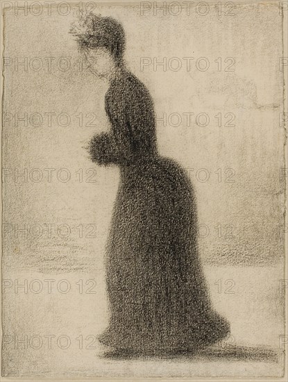 Woman with a Muff, c. 1884, Georges Seurat, French, 1859-1891, France, Black Conté crayon, with erasing, on ivory laid paper, laid down on cream laminate board, 313 × 238 mm