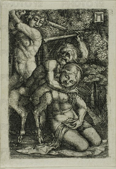 Two Satyrs Fighting Over a Nymph, 1520/1525, Albrecht Altdorfer (German, c.1480-1538), after Marcantonio Raimondi (Italian, c.1480-1534), Germany, Engraving in black on ivory laid paper, 60 x 40 mm (image/plate)