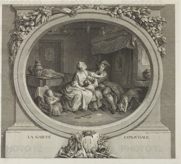 Conjugal Gaiety, n.d., Nicolas Delaunay (French, 1739-1792), after S. Freudeberg (Swiss, 1745-1801), France, Etching and engraving in black ink on ivory laid paper, laid down on white laid paper, 287 × 326 mm (image/plate), 295 × 337 mm (sheet)